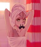  1girl armpits arms_up blurry chromatic_aberration colored_skin commentary depth_of_field english_commentary flat_chest frostiii green_eyes grey_hair grey_skin heterochromia highres hololive hololive_indonesia kureiji_ollie mismatched_pupils mouth_hold multicolored_hair naked_towel patchwork_skin red_hair shower_curtain smile solo stitched_face towel towel_on_head twitter_username upper_body virtual_youtuber window yellow_eyes zombie 
