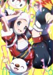  1girl :d akari_(pokemon) arms_up black_hair black_shorts blurry collarbone commentary cyndaquil eyelashes floating_hair gen_2_pokemon gen_5_pokemon gen_7_pokemon grey_eyes head_scarf highres long_hair open_mouth oshawott pokemon pokemon_(creature) pokemon_(game) pokemon_legends:_arceus ponytail rowlet sash shorts sidelocks smile tonayon tongue upper_teeth white_headwear yellow_background 