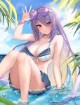  1girl adjusting_eyewear aurapls bikini bikini_skirt breasts earrings eyewear_on_head highres hololive hololive_indonesia jewelry large_breasts lens_flare long_hair moona_hoshinova ocean purple_eyes purple_hair sitting sunglasses swimsuit virtual_youtuber wet wristband 