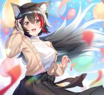  1girl :d animal_ear_fluff animal_ears arm_up balloon bangs benchen06 black_hair black_skirt blurry blurry_foreground blush breasts brown_hair cardigan commentary_request confetti cowboy_shot eyebrows_visible_through_hair floating_hair hair_between_eyes highres hololive large_breasts long_hair long_sleeves looking_at_viewer multicolored_hair nail_polish off_shoulder ookami_mio open_cardigan open_clothes open_mouth red_hair red_nails shirt skirt sleeveless sleeveless_shirt smile solo standing streaked_hair very_long_hair virtual_youtuber white_shirt wolf_ears wolf_girl yellow_cardigan 