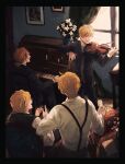  4boys absurdres america_(hetalia) axis_powers_hetalia blonde_hair canada_(hetalia) carpet curtains flower_pot formal france_(hetalia) highres indoors instrument long_sleeves male_focus multiple_boys piano picture_frame suit suspenders united_kingdom_(hetalia) user_repu2437 violin window 