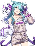  1girl aqua_eyes bangs blue_hair collarbone commentary cowboy_shot cross_hair_ornament dragon elira_pendora gloves graysheartart grey_overalls hair_ornament hair_over_one_eye highres long_hair long_sleeves looking_at_viewer nijisanji nijisanji_en off_shoulder one_eye_covered open_mouth overalls pikl_(elira_pendora) purple_gloves purple_shorts shorts simple_background single_bare_shoulder sleeves_past_fingers sleeves_past_wrists smile solo striped striped_shorts sweater teeth two-tone_gloves virtual_youtuber white_background white_gloves white_shorts white_sweater 
