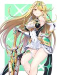  1girl absurdres aegis_sword_(xenoblade) bangs bare_legs bare_shoulders blonde_hair breasts chest_jewel cleavage cleavage_cutout clothing_cutout dress earrings elbow_gloves gloves headpiece highres hiruclimbing jewelry large_breasts long_hair mythra_(xenoblade) short_dress solo swept_bangs thigh_strap tiara very_long_hair white_dress white_gloves xenoblade_chronicles_(series) xenoblade_chronicles_2 yellow_eyes 