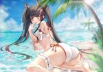  1girl akagi_(warship_girls_r) ass bare_shoulders beach bikini black_hair breasts covered_nipples day finger_to_mouth flower from_behind hair_flower hair_ornament highres l_ii large_breasts leg_garter light_rays long_hair looking_at_viewer looking_back ocean outdoors palm_tree red_eyes solo sunbeam sunlight swimsuit thighs tree twintails underboob very_long_hair warship_girls_r water wet white_bikini 