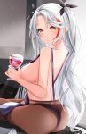  1girl alcohol ass azur_lane bangs bare_arms bare_shoulders black_panties black_ribbon blush breasts brown_eyes brown_legwear commentary_request cup drinking_glass eyebrows_visible_through_hair from_behind hair_ribbon highres holding holding_cup large_breasts long_hair looking_at_viewer looking_back multicolored_hair mutang panties panties_under_pantyhose pantyhose parted_bangs prinz_eugen_(azur_lane) red_hair ribbon sideboob silver_hair solo streaked_hair two_side_up underwear very_long_hair wine wine_glass 