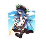  1girl black_footwear black_headwear blue_hair blue_skirt blue_sky boots cloud eyebrows_visible_through_hair food fruit full_body hair_between_eyes hat hinanawi_tenshi holding holding_sword holding_weapon leaf long_hair looking_at_viewer open_mouth outstretched_arms outstretched_hand peach red_eyes red_neckwear shen_li shiny shiny_hair skirt sky solo sword sword_of_hisou touhou weapon 