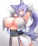  1girl animal_ears areola_slip areolae armpits blue_eyes blush breasts bright_pupils commentary_request detached_sleeves fox_ears fox_girl fox_tail gradient gradient_background hair_between_eyes highres huge_breasts indigo_(tylwing) long_hair no_bra no_panties obi open_clothes open_vest original pelvic_curtain ponytail presenting_armpit purple_hair sash simple_background slit_pupils solo tail tylwing very_long_hair vest 