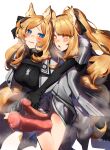  2girls animal_ears arknights armor aunt_and_niece biting black_gloves blemishine_(arknights) blonde_hair blue_eyes blush censored commentary_request cowboy_shot drooling elbow_gloves eyebrows_visible_through_hair futanari gloves heart heart-shaped_pupils highres horse_ears horse_girl horse_penis horse_tail incest large_penis lip_biting looking_at_viewer mirin_chikuwa mosaic_censoring multiple_girls no_hat no_headwear open_mouth penis ponytail precum sex sex_from_behind simple_background standing symbol-shaped_pupils tail thigh_sex whislash_(arknights) white_background yellow_eyes 