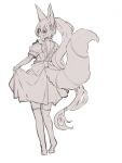  1girl animal_ear_fluff animal_ears commentary_request fox_ears fox_girl fox_tail from_behind full_body greyscale highres long_hair looking_away looking_to_the_side monochrome no_shoes original over-kneehighs pleated_skirt ponytail puffy_short_sleeves puffy_sleeves shirt short_sleeves simple_background skirt skirt_hold solo standing tail tail_raised thighhighs very_long_hair white_background yuuji_(yukimimi) 