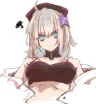  1girl aa-12_(girls&#039;_frontline) ahoge bare_shoulders blue_eyes bra closed_mouth e_sky_rugo girls&#039;_frontline grey_hair hair_ornament hat highres jacket looking_at_viewer simple_background sketch solo squiggle star_(symbol) star_hair_ornament underwear upper_body white_background 