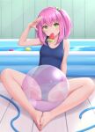  1girl ball bangs bare_legs barefoot beachball blue_swimsuit breasts commentary_request eyebrows_visible_through_hair feet feet_together food full_body green_eyes highres hose looking_at_viewer old_school_swimsuit one_side_up original pink_hair popsicle sasaame school_swimsuit small_breasts solo spread_legs swimsuit wading_pool watermelon_bar 