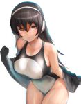  1girl alternate_breast_size bangs black_hair breasts brown_eyes collarbone commentary competition_swimsuit cowboy_shot gentoo_penguin_(kemono_friends) groin hair_between_eyes headphones highres huge_breasts jacket kemono_friends leaning_forward long_hair long_sleeves multicolored_hair one-piece_swimsuit open_clothes open_jacket red_hair shibori_kasu smile solo swimsuit twisted_torso two-tone_hair wet wet_clothes wet_face wet_swimsuit 