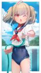  1girl ahoge blue_swimsuit blush border chain-link_fence cloud collar empty_pool eyebrows_visible_through_hair fence grey_hair highres holding holding_hose hose looking_at_viewer makaino_ririmu medium_hair multicolored_hair neckerchief nijisanji one-piece_swimsuit one_eye_closed open_mouth outdoors pointy_ears pool red_collar red_eyes red_hair red_neckwear sabamen sailor_collar see-through shirt short_sleeves sky solo spraying swimsuit swimsuit_under_clothes tree twintails two-tone_hair virtual_youtuber water wet wet_clothes wet_shirt white_border white_shirt 