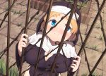  1girl against_fence blonde_hair blue_eyes blush breasts cleavage cleavage_cutout clothing_cutout dot_nose eyebrows_visible_through_hair fence habit large_breasts nun oppai_loli original outdoors plant sakimori_dan short_hair skindentation smile solo tile_floor tiles veil weeds 
