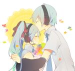  1boy 1girl aqua_hair aqua_neckwear bare_shoulders black_sleeves bouquet bow closed_eyes commentary detached_sleeves doily flower forehead_kiss genderswap genderswap_(ftm) grey_shirt hair_bow hatsune_miku hatsune_mikuo headphones headset holding holding_bouquet kiss long_hair necktie shirt short_sleeves sleeveless sleeveless_shirt smile twintails ume_chazuke_(rid) upper_body very_long_hair vocaloid white_background 