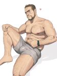  1boy absurdres arm_hair bara beard belly_grab blush boxers brown_hair bulge chest_hair facial_hair foot_out_of_frame grey_male_underwear hairy heart highres knee_up kuben_blisk large_pectorals leg_hair male_focus male_underwear mature_male muscular muscular_male navel navel_hair nipples old old_man pectorals philipposole plump short_hair sideburns solo stomach thick_thighs thighs titanfall_(series) titanfall_2 underwear underwear_only 