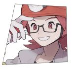  1boy black-framed_eyewear black_shirt border commentary_request glasses gloves grey_jacket grin gym_leader helmet holding holding_poke_ball jacket male_focus mimura_(nnnnnnnnmoo) poke_ball poke_ball_(basic) pokemon pokemon_(game) pokemon_dppt red_eyes red_hair red_headwear roark_(pokemon) shirt smile solo teeth upper_body white_border white_gloves 