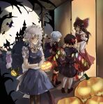  5girls absurdres alternate_costume bare_tree bat bat_wings black_legwear black_skirt blonde_hair bow broom broom_riding brown_footwear brown_hair collared_shirt eyebrows_visible_through_hair flandre_scarlet food from_behind full_moon gloves hair_bow hair_tubes hakurei_reimu halloween hat height_difference highres holding holding_food holding_pumpkin holding_vegetable izayoi_sakuya jack-o&#039;-lantern light_blue_hair long_hair maid maid_headdress mob_cap moon multiple_girls neck_ribbon no_shoes open_mouth patchouli_knowledge puffy_short_sleeves puffy_sleeves pumpkin purple_hair red_bow red_legwear red_neckwear red_ribbon remilia_scarlet ribbon ribbon-trimmed_skirt ribbon_trim sanana_e shirt short_sleeves siblings silver_hair sisters skirt standing touhou tree vegetable white_gloves white_legwear wings 