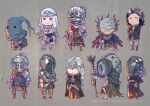  3girls 6+boys anri_of_astora armor chibi cocoon_(yuming4976) cornyx_of_the_great_swamp covered_eyes covered_face dark_souls_(series) dark_souls_iii fire_keeper greirat_of_the_undead_settlement helmet horace_the_hushed long_hair multiple_boys multiple_girls orbeck_of_vinheim sirris_of_the_sunless_realms staff weapon yoel_of_londor yuria_of_londor 