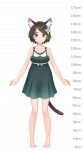  1girl aina_(mao_lian) animal_ear_fluff animal_ears arms_at_sides bare_shoulders barefoot blue_eyes breasts brown_hair cat_ears cat_tail closed_mouth dress full_body green_dress height_chart highres looking_at_viewer mao_lian_(nekokao) medium_breasts original pigeon-toed pregnant short_hair smile solo standing tail 