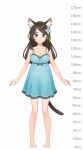  1girl aina_(mao_lian) animal_ear_fluff animal_ears arms_at_sides bare_arms bare_shoulders barefoot blue_dress blue_eyes breasts brown_hair cat_ears cat_tail closed_mouth dress full_body height_chart highres long_hair looking_at_viewer mao_lian_(nekokao) medium_breasts original pigeon-toed pregnant smile solo standing tail 