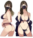  1girl ass ass_visible_through_thighs bangs bikini black_bikini blue_eyes breasts brown_hair cleavage closed_eyes collarbone eyebrows_visible_through_hair eyelashes feet_out_of_frame highleg highleg_bikini highres large_breasts mask mikoto_akemi mouth_mask navel o-ring o-ring_bikini original shirt side-tie_bikini swimsuit thighs thong_bikini white_background 