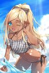  1girl :d bikini blonde_hair blue_eyes blue_sky bow checkered checkered_bikini dark-skinned_female dark_skin day grey_bow hair_bow hand_up idolmaster idolmaster_cinderella_girls layla_(idolmaster) long_hair looking_at_viewer navel ocean one_eye_closed open_mouth outdoors ponytail reiga_(act000) scrunchie side-tie_bikini sky smile solo swimsuit wading white_bikini wrist_scrunchie 