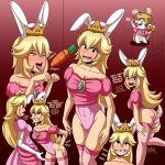  :d animal_ears ass blonde_hair blue_eyes blush breasts carrot cleavage collarbone commentary crown deviantart_username dress elbow_gloves english_commentary english_text eye_contact gloves gradient gradient_background hair_between_eyes hand_on_hip heart heart-shaped_pupils highres holding holding_phone long_hair looking_at_another mario_(series) mario_+_rabbids_kingdom_battle missing_tooth multiple_girls new_super_mario_bros._u_deluxe open_mouth patreon_username personification phone pink_dress princess_peach profanity puffy_short_sleeves puffy_sleeves rabbid rabbid_peach rabbit_ears rabbit_tail raving_rabbids short_sleeves smile super_crown symbol-shaped_pupils tail teeth tongue tongue_out tumblr_username watermark web_address white_gloves 
