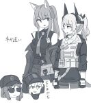  1boy 3girls animal_ears arknights ash_(rainbow_six_siege) bangs bare_shoulders blitz_(rainbow_six_siege) check_translation crossover dragon_girl dragon_horns dragon_tail eyebrows_visible_through_hair fox_ears franka_(arknights) gloves greyscale hand_on_own_chin horns jacket jacket_on_shoulders kumamoto_aichi liskarm_(arknights) liskarm_(overload)_(arknights) looking_at_another monochrome multiple_girls open_mouth ponytail rainbow_six_siege sketch smile sunglasses tail translation_request v-shaped_eyebrows white_background 