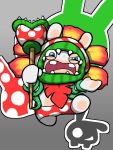  absurdres angry animal_ears blue_eyes buck_teeth charisuke cosplay crossover grey_background highres holding mario_(series) mario_+_rabbids_kingdom_battle no_humans open_mouth piranha_plant piranha_plant_(cosplay) rabbid rabbit_ears raving_rabbids screaming simple_background 