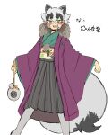 1girl alternate_costume animal_ears bandaged_hand bandages bandaid bandaid_on_nose black_hair blush ear_blush eyebrows_visible_through_hair feet_out_of_frame fur_collar furrowed_brow gourd green_eyes grey_hair highres holding igarashi_(nogiheta) inugami_gyoubu_(kemono_friends) japanese_clothes kemono_friends kimono looking_at_viewer medium_hair multicolored_hair open_mouth pantyhose simple_background smile solo standing standing_on_one_leg tail two-tone_hair white_background wide_sleeves 