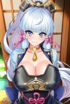  1girl absurdres armor arms_behind_back bangs blue_eyes blue_hair blush breasts cleavage closed_mouth collarbone eyebrows_visible_through_hair genshin_impact hair_ornament highres japanese_clothes kamisato_ayaka large_breasts long_hair looking_at_viewer nez-box signature smile solo upper_body 