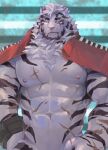  1boy abs animal_ears arknights bara bare_pectorals bottomless cuffs fuga9 furry furry_male handcuffs jacket large_pectorals looking_at_viewer male_focus mountain_(arknights) muscular muscular_male naked_jacket navel nipples open_clothes open_jacket orange_jacket pectorals scar scar_across_eye scar_on_arm scar_on_chest scar_on_stomach short_hair solo stomach tiger_boy tiger_ears upper_body white_fur white_hair 