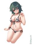  1girl bare_arms bare_legs bare_shoulders bikini blush breasts cleavage collarbone cropped_legs ebifurya eyepatch feet_out_of_frame front-tie_bikini front-tie_top green_eyes green_hair groin hair_between_eyes highres kantai_collection kiso_(kancolle) medium_breasts multicolored multicolored_bikini multicolored_clothes navel parted_lips short_hair side-tie_bikini simple_background solo swimsuit twitter_username white_background white_bikini 