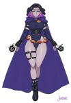  1girl artist_name ass_visible_through_thighs bangs blunt_bangs blunt_ends boots breasts choker covered_navel detached_sleeves earrings flying forehead_jewel full_body highres jewelry large_breasts leotard looking_at_viewer medium_breasts pentagram_earrings purple_eyes raven_(dc) shardanic simple_background solo teen_titans thigh_strap watermark white_background 