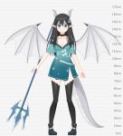  1girl ankle_boots black_choker black_footwear black_hair black_legwear blue_dress blue_eyes blush boots choker closed_mouth dragon_horns dragon_tail dragon_wings dress height_chart highres holding horns looking_at_viewer mao_lian_(nekokao) original pointy_ears polearm short_sleeves smile solo tail thighhighs trident weapon wings 