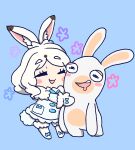  1girl :3 :d animal_ears arctic_hare_(kemono_friends) blue_background charisuke closed_eyes crossover highres hug kemono_friends mouth_drool open_mouth rabbid rabbit_girl rabbit_tail raving_rabbids smile standing tail white_footwear white_hair 