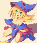  1girl :d bare_shoulders beige_background blonde_hair blue_footwear blue_headwear boots breasts cleavage collarbone commentary_request dark_magician_girl duel_monster eyebrows_visible_through_hair full_body green_eyes hair_between_eyes hat holding holding_staff long_hair looking_at_viewer medium_breasts metata open_mouth pentagram shadow simple_background sitting smile solo staff wariza wizard_hat yu-gi-oh! yu-gi-oh!_duel_monsters 