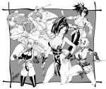  6+girls banned_artist breasts character_request cleavage copyright_request crossover dead_or_alive fake_horns fatal_fury greyscale headband highres horns iwamoto_eiri japanese_clothes kasumi_(doa) large_breasts monochrome multiple_girls ninja oni_horns queen&#039;s_blade shiranui_mai shizuka_(queen&#039;s_blade) short_sword sword the_king_of_fighters trait_connection weapon 