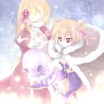  2girls ark_kan bangs blonde_hair bow brown_cape cape closed_eyes closed_mouth commentary_request double_bun dress eyebrows_visible_through_hair feet_out_of_frame flower fur-trimmed_cape fur_trim hair_between_eyes hair_bow hair_flower hair_ornament high_priest_(ragnarok_online) holding holding_staff interlocked_fingers juliet_sleeves long_hair long_sleeves multiple_girls open_mouth own_hands_together pink_bow puffy_sleeves purple_dress purple_flower ragnarok_online red_dress red_eyes short_dress short_hair skull staff two-tone_dress white_dress wizard_(ragnarok_online) 