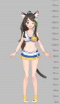  1girl :d aina_(mao_lian) animal_ear_fluff animal_ears arms_at_sides bare_shoulders blue_eyes blush bow_footwear breasts brown_hair cat_ears cat_tail cheerleader cleavage flower hair_flower hair_ornament hair_scrunchie height_chart highres looking_at_viewer mao_lian_(nekokao) miniskirt navel one_eye_closed open_mouth original pleated_skirt ponytail scrunchie shoes skirt smile socks solo tail white_flower white_footwear wristband yellow_legwear 