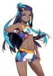  1girl blue_eyes blue_gloves blue_hair cowboy_shot crop_top dark-skinned_female dark_skin earrings eyeshadow flat_chest gloves highres holding holding_poke_ball hoop_earrings jewelry looking_at_viewer makeup multicolored_hair navel necklace nessa_(pokemon) partially_fingerless_gloves poke_ball poke_ball_(basic) pokemon pokemon_(game) pokemon_swsh purple_hair reiga_(act000) short_shorts shorts simple_background single_glove smile solo sports_bra standing stomach two-tone_hair white_background 