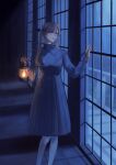  1girl blue_dress bow dress dyuba000 hair_bow hand_up highres holding holding_lantern indoors lantern long_hair long_sleeves night original pantyhose purple_eyes standing twintails white_legwear window 