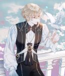  1boy bird bird_on_hand blonde_hair brown_eyes cloud cloudy_sky ea_ateu earrings highres jewelry light_smile long_sleeves looking_at_animal male_focus original short_hair sitting sitting_on_stairs sky solo stairs 