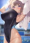  1girl :o arched_back armpits arms_up bare_hips blush breasts brown_hair competition_swimsuit drying drying_hair highleg highleg_swimsuit highres karinto_yamada large_breasts looking_at_viewer one-piece_swimsuit original pool purple_eyes skin_tight skindentation solo swimsuit towel 