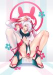  1girl animal_ears bangs bare_shoulders blush breasts center_opening detached_sleeves highres large_breasts leotard looking_at_viewer mappaninatta original pink_eyes playboy_bunny rabbit_ears sandals short_hair single_thighhigh solo squatting thighhighs 