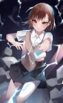  1girl absurdres biribiri blurry blurry_background brown_eyes brown_hair coin collared_shirt destruction electricity highres holding huge_filesize kyoro_ina looking_at_viewer misaka_mikoto outstretched_arm school_uniform shirt short_hair skirt solo standing sweater_vest toaru_kagaku_no_railgun toaru_majutsu_no_index tokiwadai_school_uniform white_shirt 