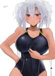  1girl adjusting_clothes adjusting_swimsuit bangs black_swimsuit blush breasts closed_mouth dark-skinned_female dark_skin frown hair_between_eyes huge_breasts kantai_collection long_hair musashi_(kancolle) one-piece_swimsuit red_eyes simple_background sketch solo swimsuit twintails very_long_hair wet wet_clothes wet_swimsuit white_background white_hair yunamaro 