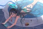  1girl absurdres alternate_costume arisu_(blue_archive) blue_archive blue_eyes blush dark_blue_hair drinking hair_between_eyes halo headband highres hose long_hair looking_at_viewer peroro_(blue_archive) playing_games solo swimsuit very_long_hair wading_pool water wet 