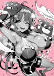  1girl :d animal_hands armpits breasts cleavage covered_nipples eyebrows_visible_through_hair fur_collar fur_trim gloves greyscale hand_up highres kaori_(princess_connect!) kojima_saya large_breasts looking_at_viewer monochrome multicolored_hair one_eye_closed open_mouth paw_gloves pink_background princess_connect! skindentation smile solo strap_gap sweat sweatdrop wet wet_clothes 